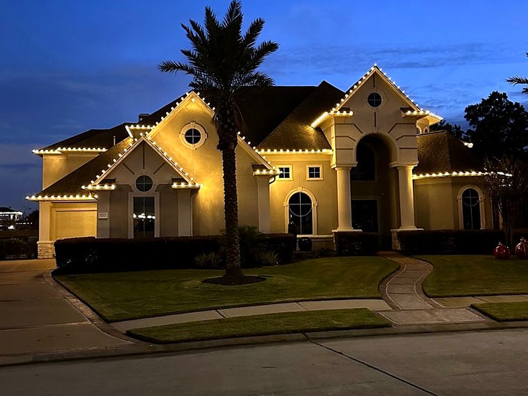Home with roofline lights and a palm tree at dusk